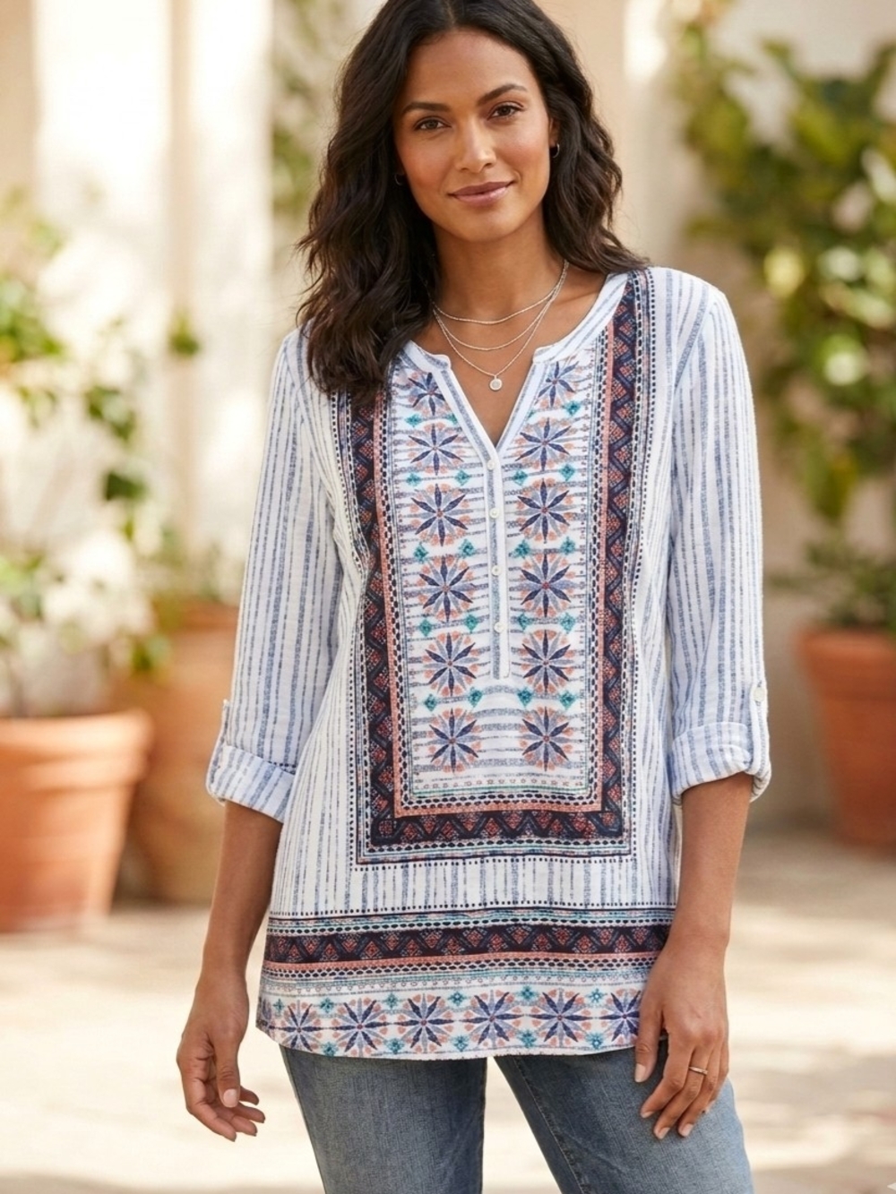 Style & Co. White Tunic with Blue Stripe and Coral-Teal Pattern